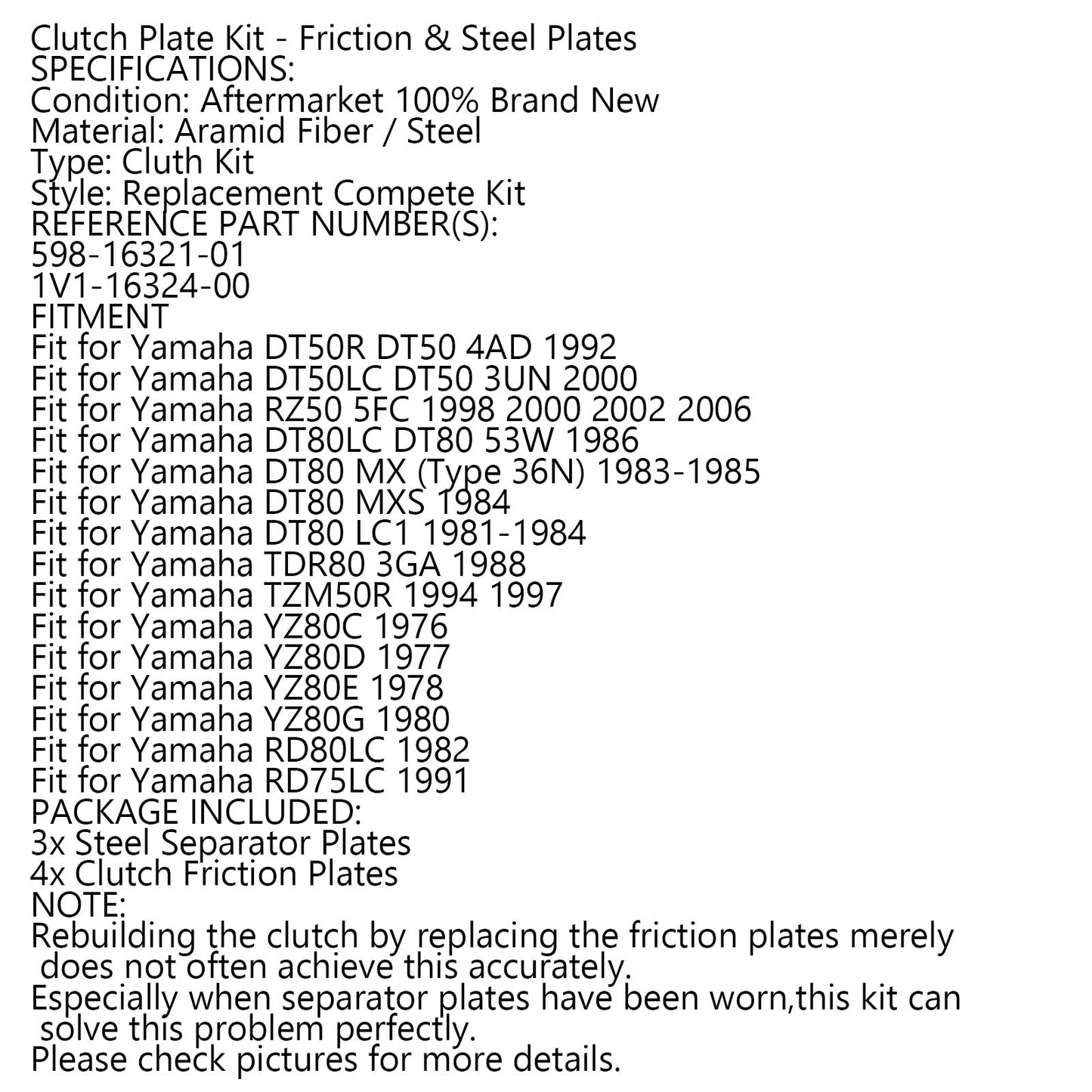 Kit de embrague de acero y placas de fricción para Yamaha DT50, RZ50, DT80, TDR80 y YZ80.