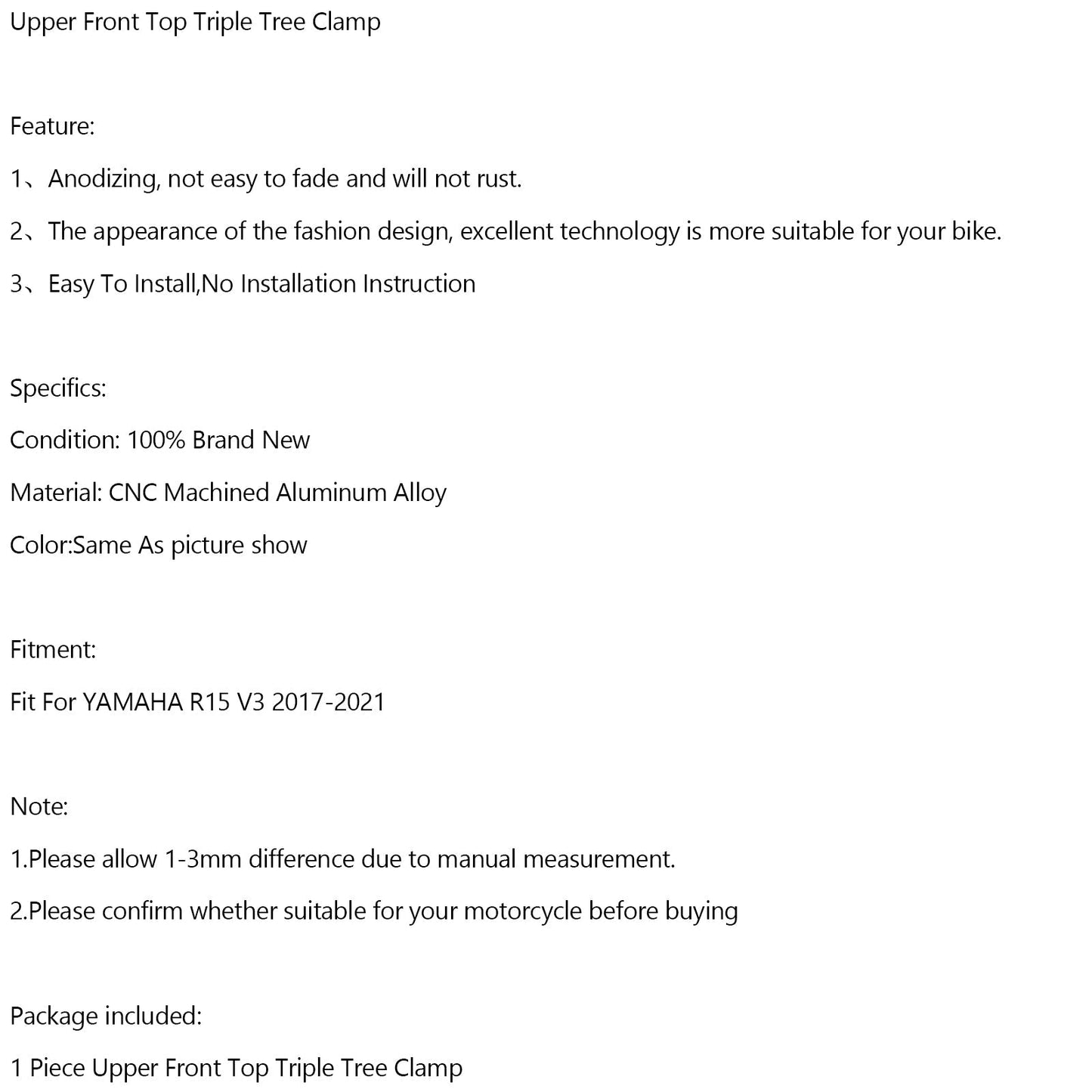CNC Aluminum Upper Front Top Triple Tree Clamp For YAMAHA R15 V3 2017-2021