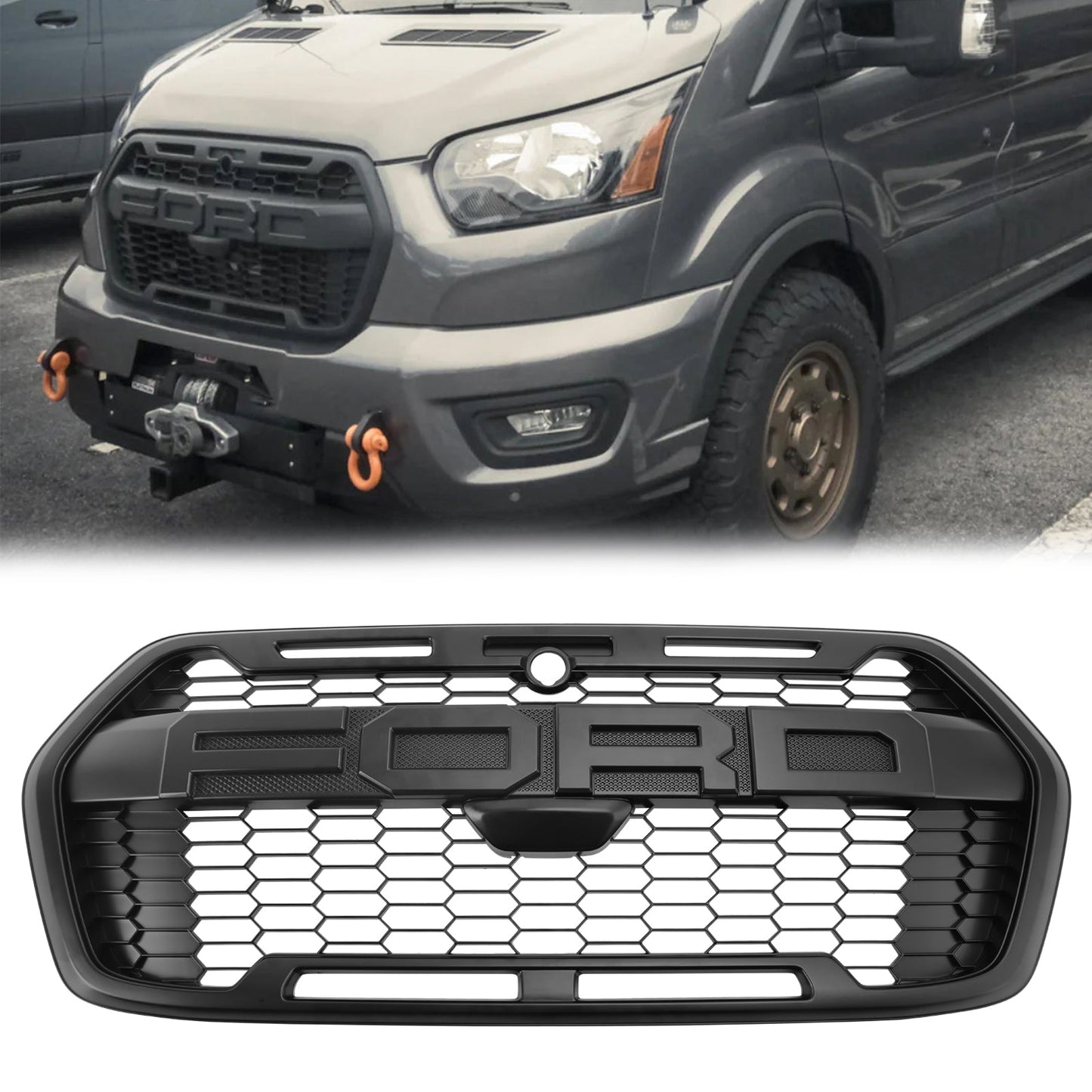 2020-2024 Ford Transit T150 T250 T350 MK8 Raptor Style Front Grille Replacement Honeycomb Black Grill