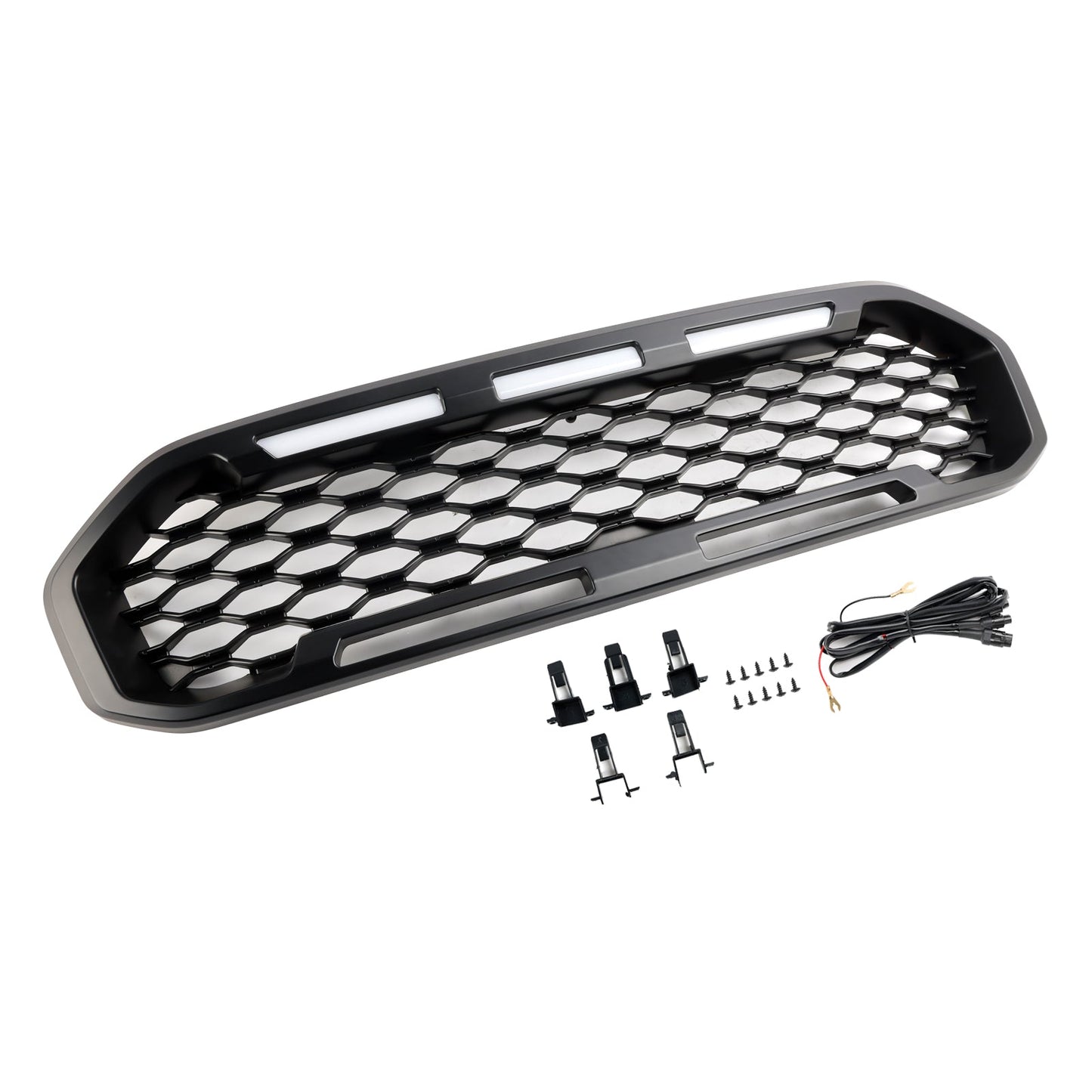 Ford Ranger 2019-2023 Front Bumper Grill Raptor / Honeycomb / Mesh Style Black Grille W/ 3 White LED Light