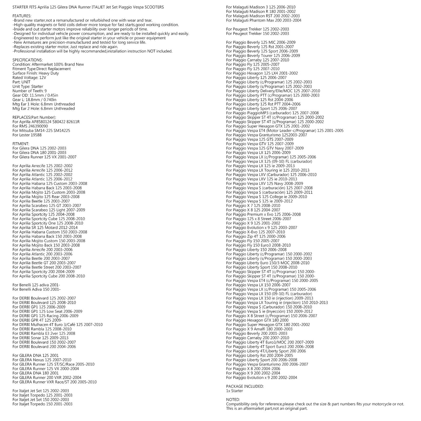 Démarreur pour Aprilia 125 150 200 Arrecife/Habana/Mojito/Sportcity/Beetle 01-12 Assortiment