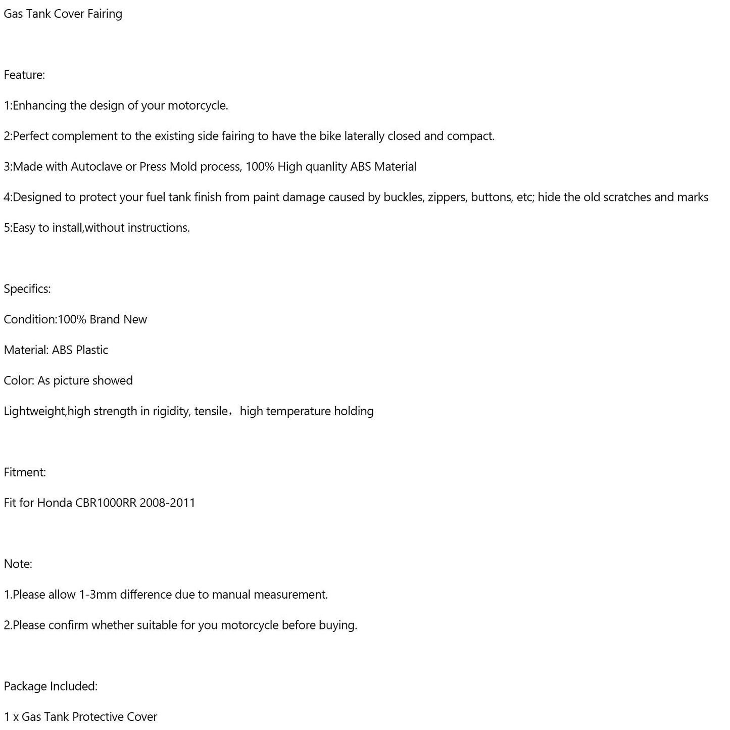 Gas Tank Cover Panel Fairing Protector For For Honda CBR1000RR 2008-2011 Carbon