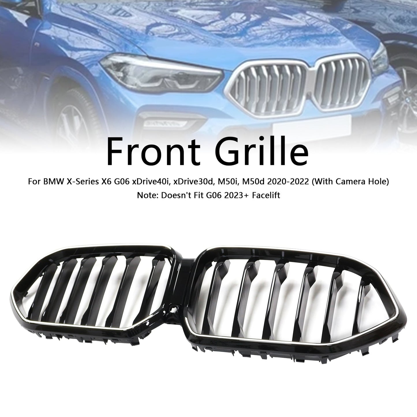 2020-2022 BMW X6 G06 M50i Black Front Bumper Grille Grill W/Camera Hole