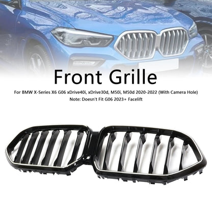 Black Front Bumper Grille Grill Fit BMW X6 G06 M50i 2020-2022 W/Camera Hole