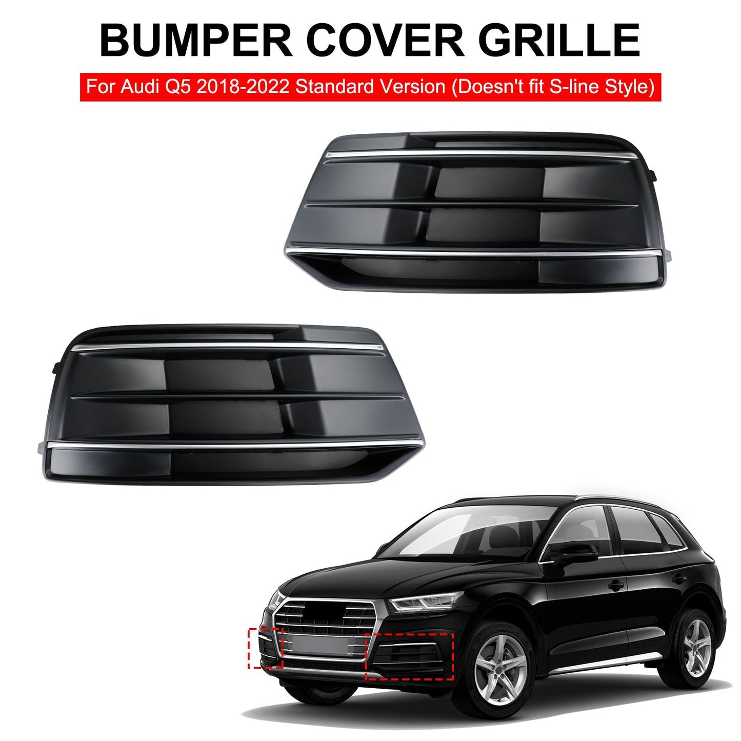 2018-2022 Audi Q5 Standard Version 2PCS Black/Chrome Front Bumper Cover Grille Bezel Insert Generic