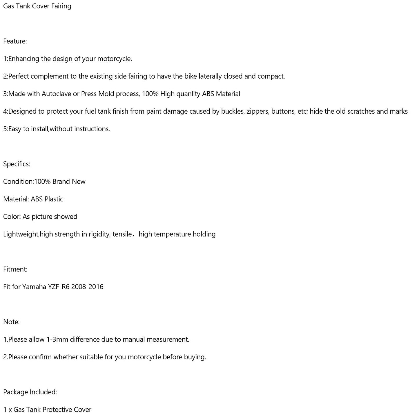 Gas Tank Cover Panel Fairing Protector For For Yamaha YZF-R6 2008-2016 Carbon