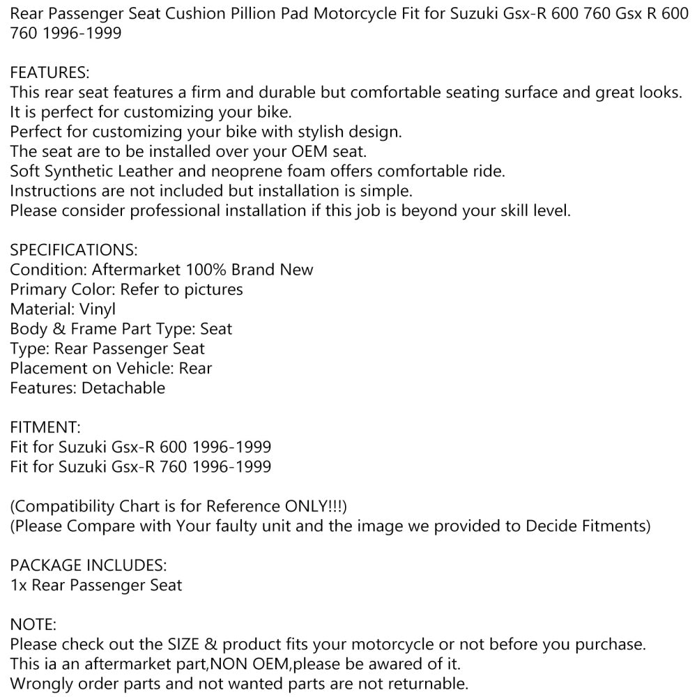 Coussin de siège passager avant et arrière pour Suzuki GSX-R GSX R 600 760 96-99