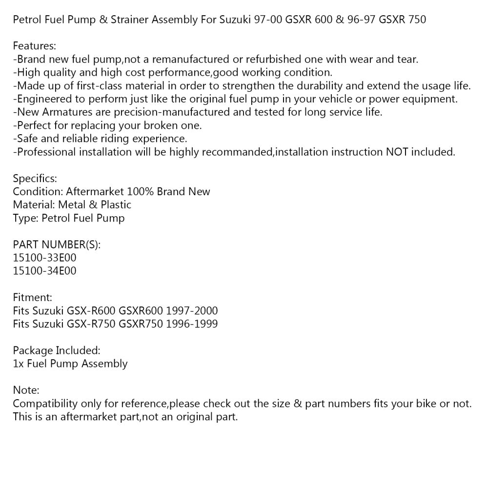 Fuel Pump With Strainer for For Suzuki GSX-R GSXR 600 750 1996-2000 #15100-34E00 Assosary