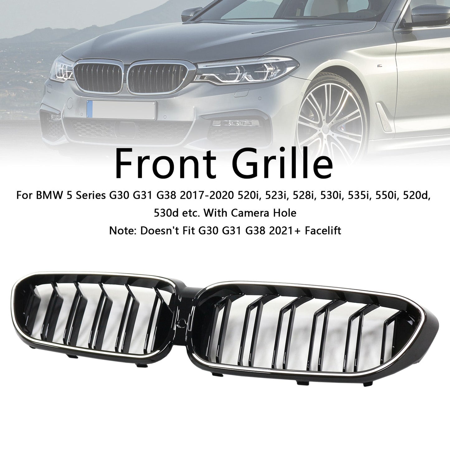 2017-2020 BMW 5 Series G30 G31 Front Kidney Black Grill Air Intake Radiator Double Slat Grille W/ LED Strip Light
