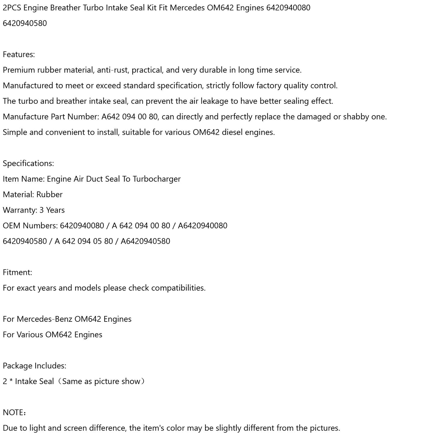 Kit de joints d'admission turbo pour reniflard de moteur, 2 pièces, pour moteurs Mercedes OM642 6420940080