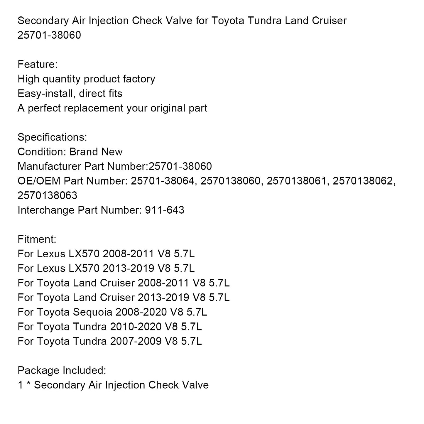 Soupape anti-retour d'injection d'air secondaire pour Toyota Tundra 2010-2020 V8 5,7 L 2570138064 2570138060 2570138061 2570138062 2570138063
