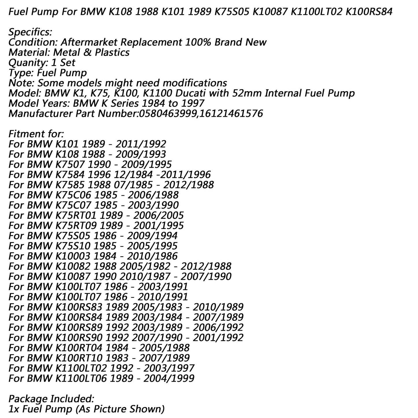 Pompe à carburant pour BMW K1 K75 C RT K100 LT RS RT K1100 LT K75C07 K10082 0580463999