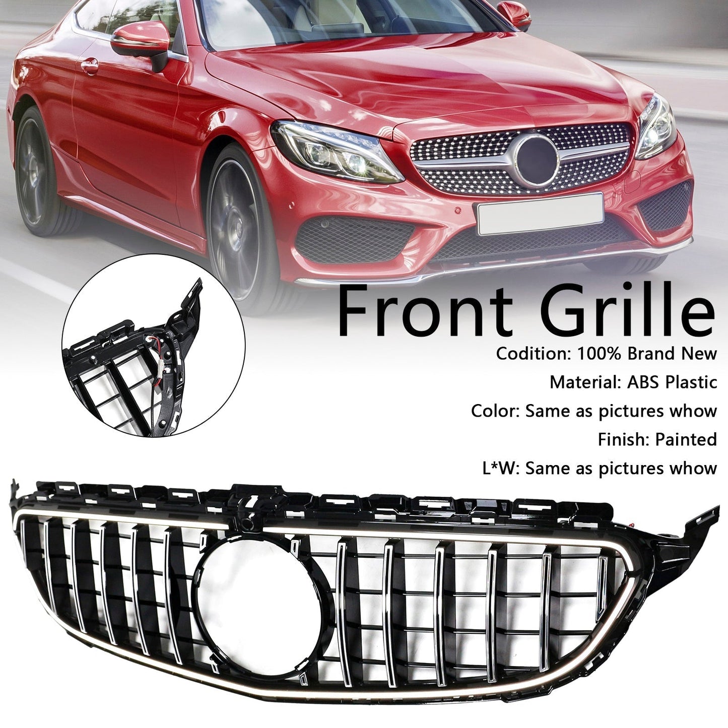 2015-2021 Mercedes Benz C-Class W205 C200 C250 C300 C350 Chrome Front Bumper Grill Grille W/LED