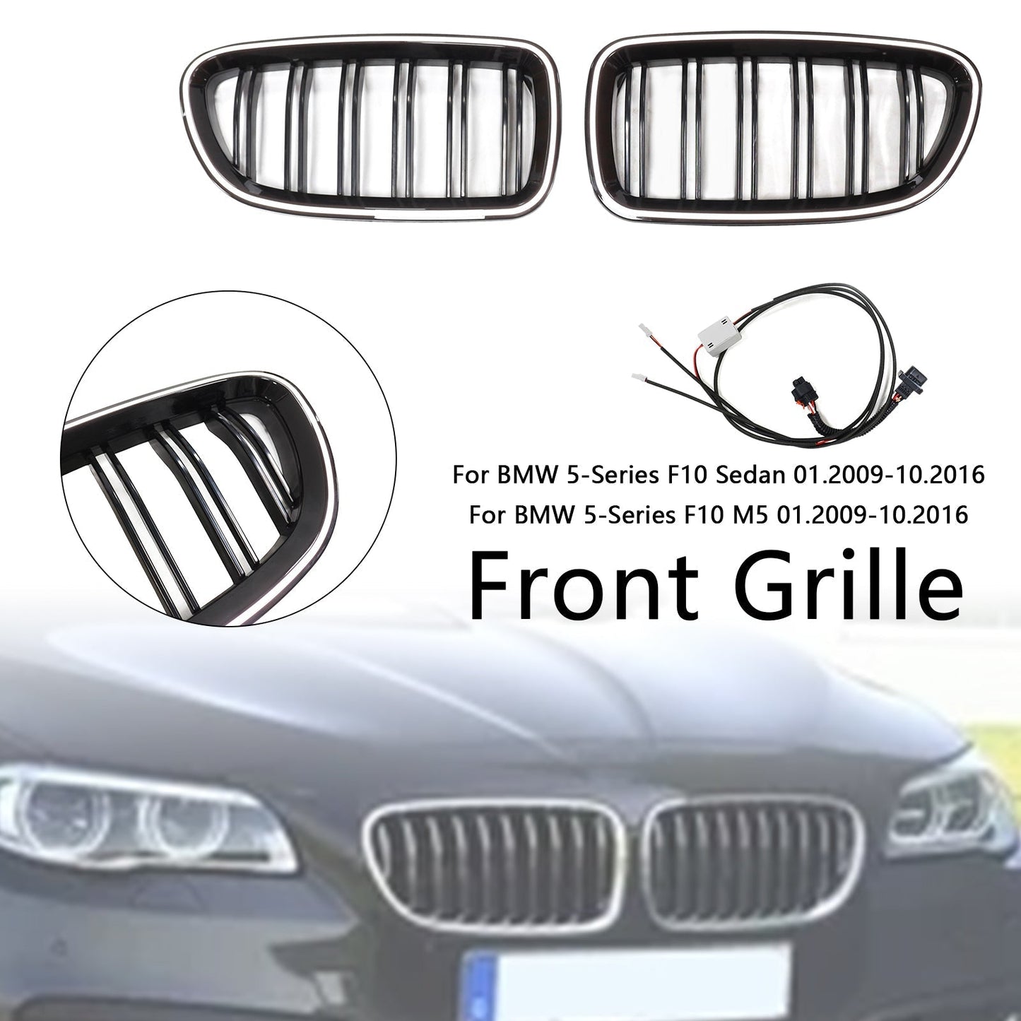 11.2009-02.2017 BMW 5-Series F11 Kidney Bumper Grill Grille Gloss Black 51137203649 51137203650
