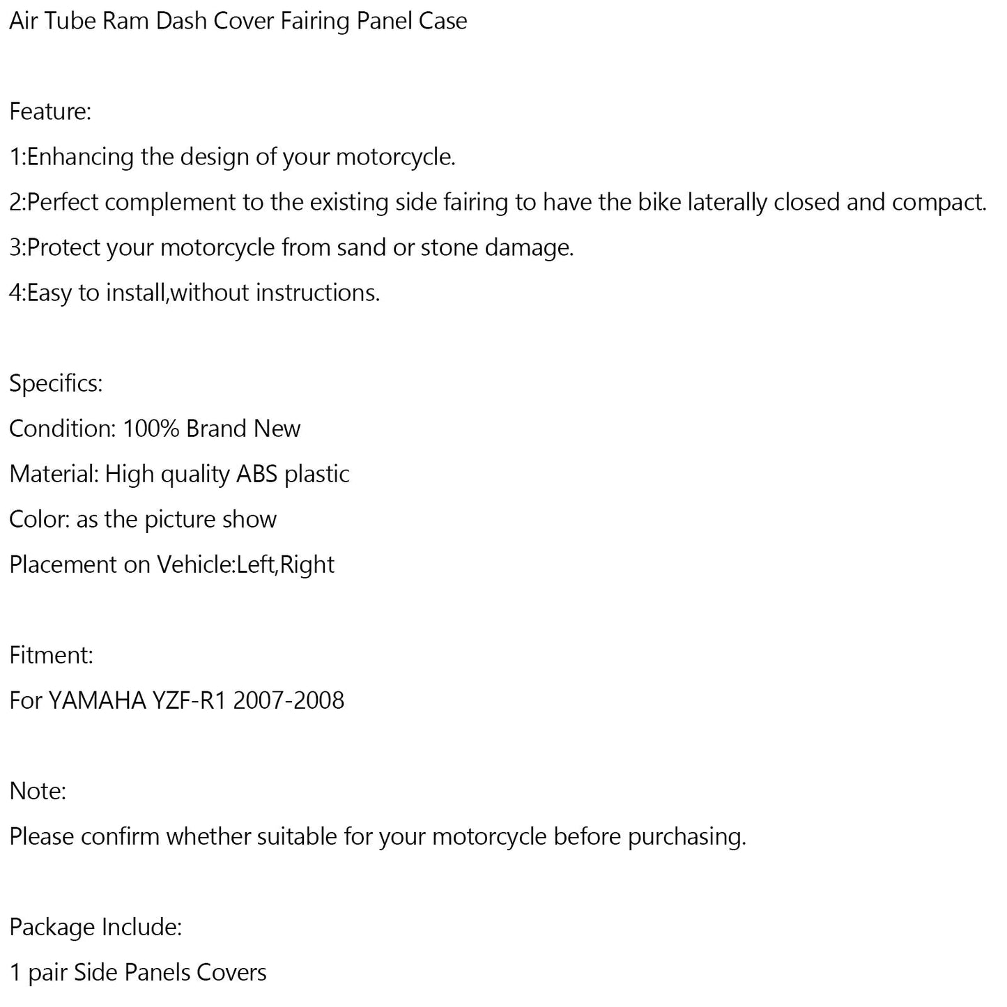 Cubierta del panel de carenado del tubo de aire delantero para Yamaha YZF R1 2007-2008