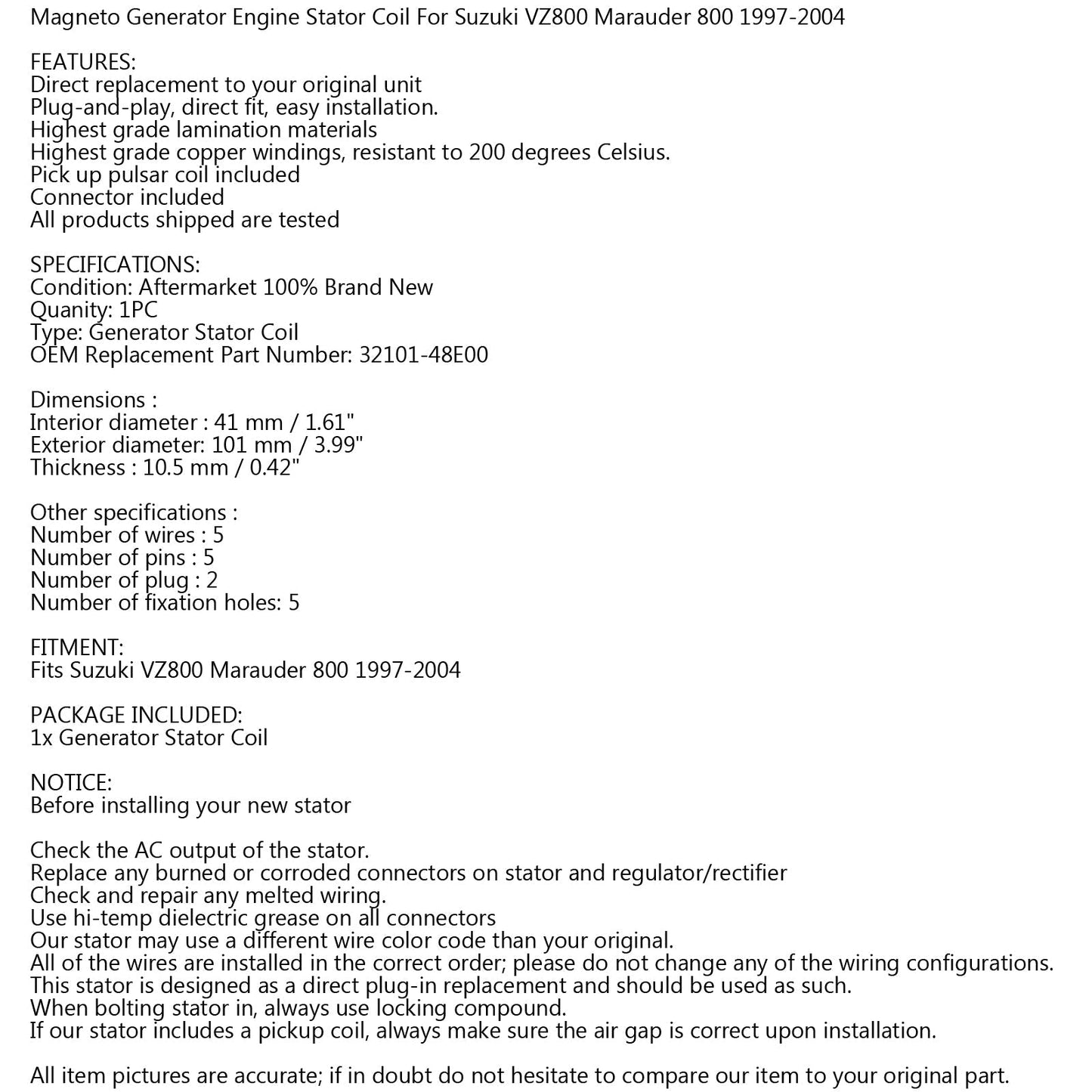 Generator Stator Coil For For Suzuki VZ800 Marauder 800 1997-2004 32101-48E00