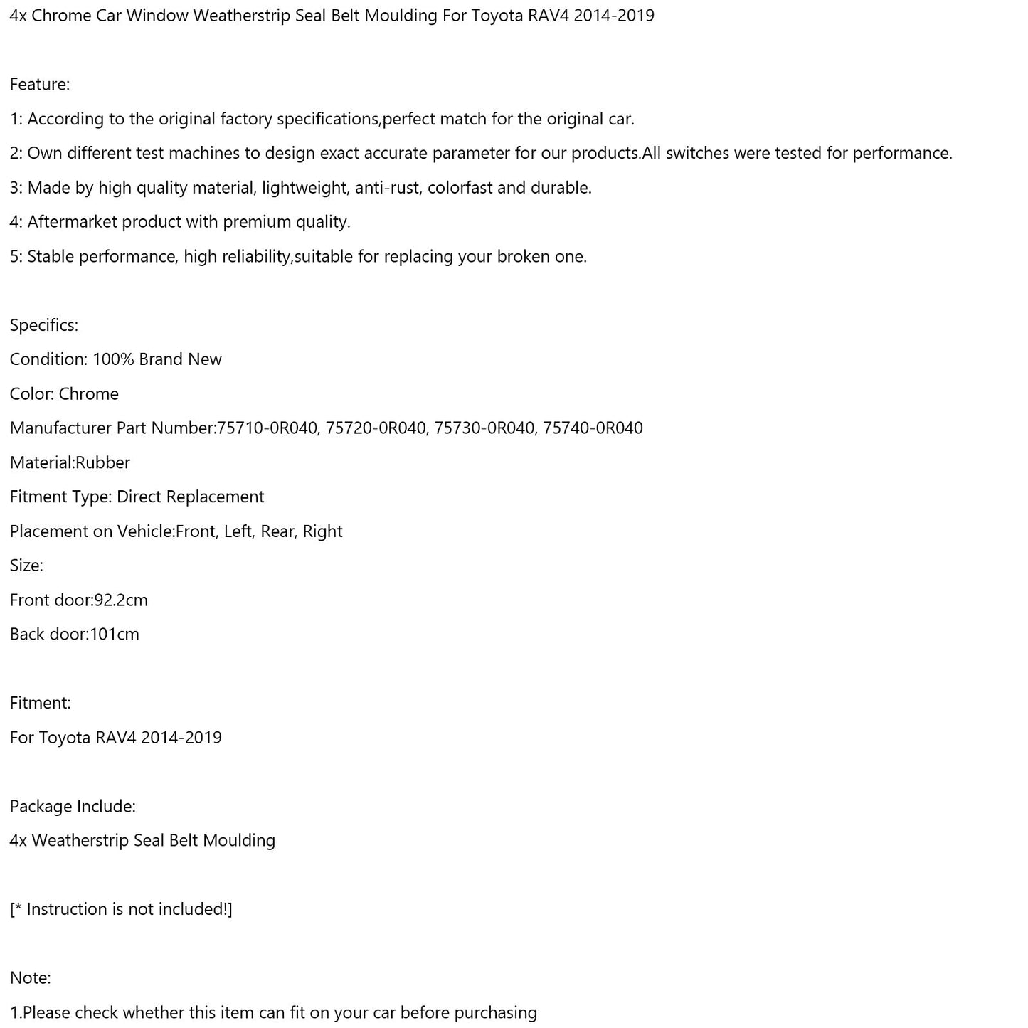 2014-19 Toyota RAV4 4x Chrome Car Window Weatherstrip Seal Belt Moulding