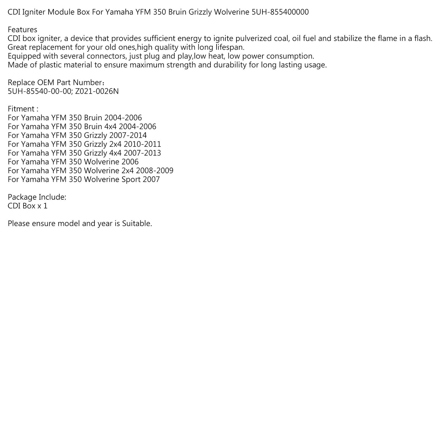 Módulo de encendido CDI para Yamaha YFM 350 Bruin Grizzly Wolverine 5UH-855400000