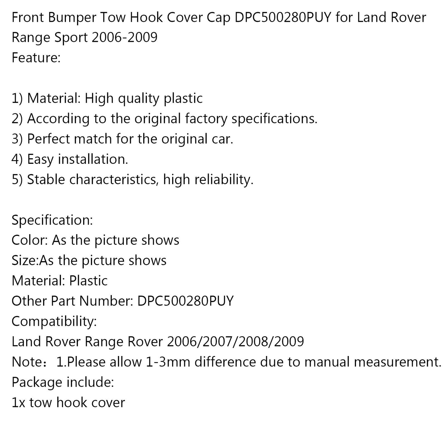 Land Rover Range Sport 2006-09 Front Bumper Tow Hook Cover Cap DPC500280PUY
