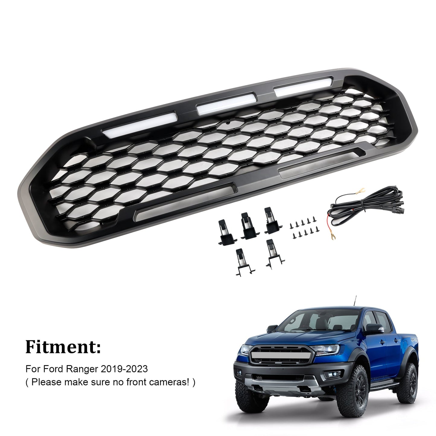 Ford Ranger 2019-2023 Front Bumper Grill Raptor / Honeycomb / Mesh Style Black Grille W/ 3 White LED Light