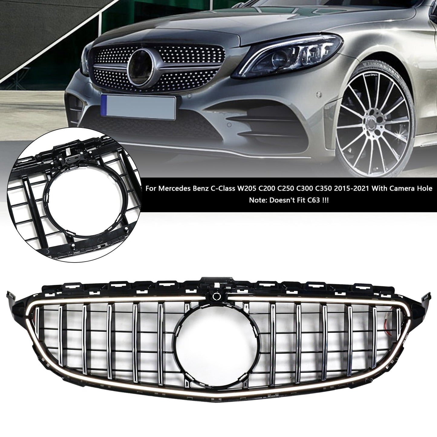 2015-2021 Mercedes Benz C-Class W205 C200 C250 C300 C350 Chrome Front Bumper Grill Grille W/LED