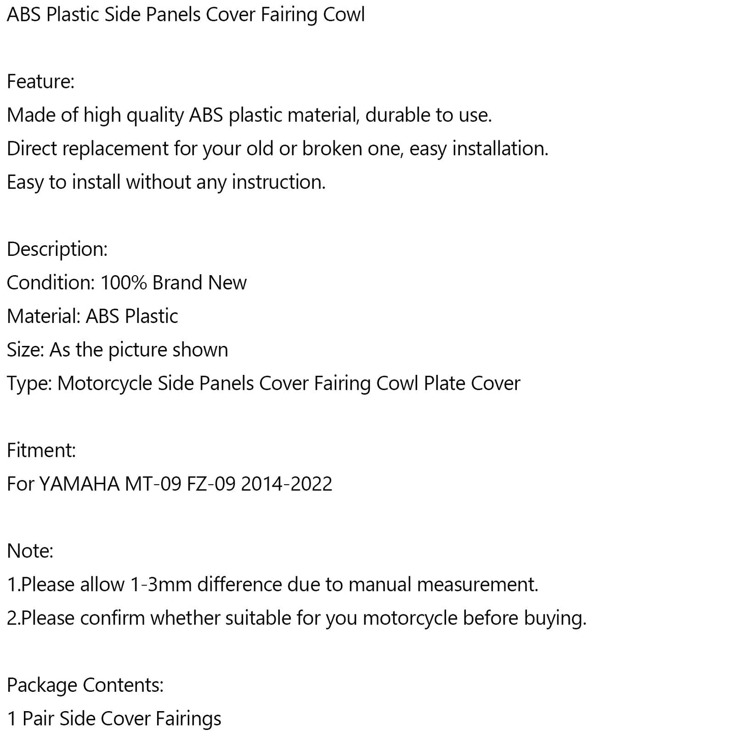 Cubierta de carenado de paneles laterales de plástico ABS para Yamaha MT-09 FZ09 2014-2022 en carbono