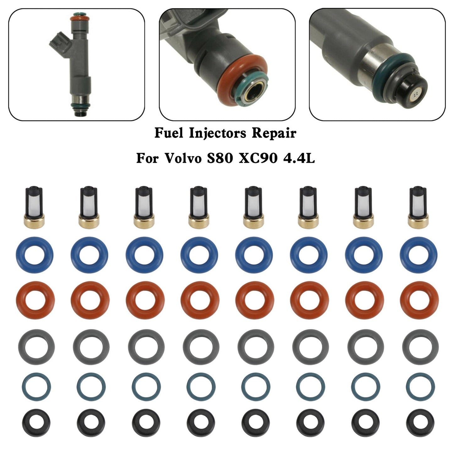 Volvo S80 XC90 4.4L 8PCS Fuel Injectors Repair Seal Kit Filter Cap FJ1073 85212247 1550589