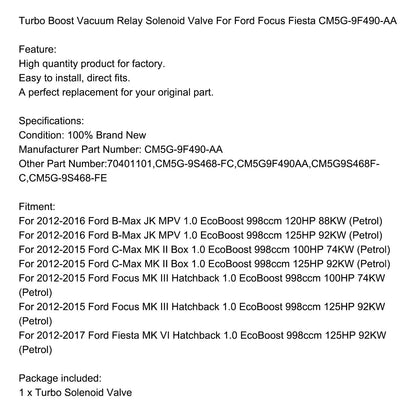 2012-2016 Ford B-Max JK MPV 1.0 EcoBoost 998ccm 120HP 88KW Turbo Boost Vacuum Relay Solenoid Valve CM5G-9F490-AA 70401101 CM5G-9S468-FC