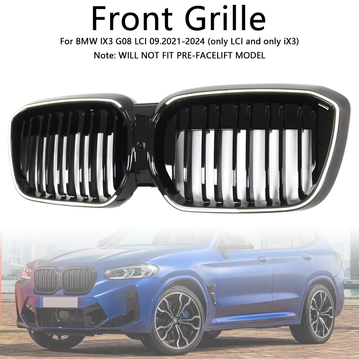 2022-2024 Double Slat Gloss Black Front Kidney Grill Grille Fit BMW IX3 G08 LCI