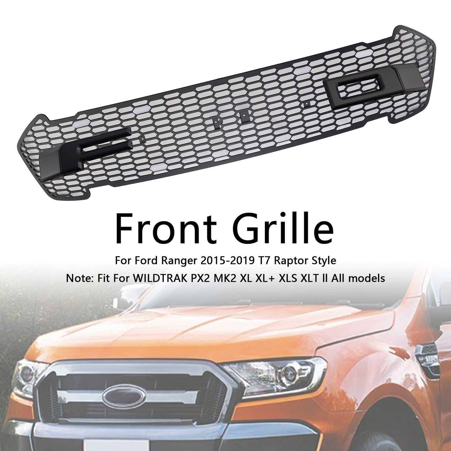 2015-2019 Matte Black Front Bumper Grill Grille Fit Ford Ranger T7 W/LED