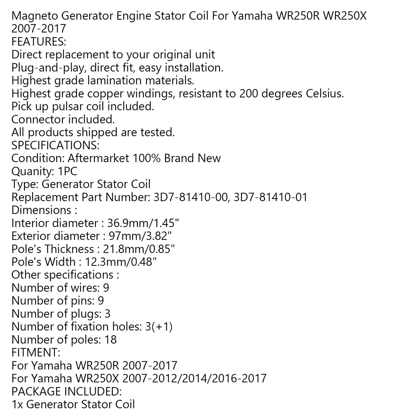 Generator Stator For For Yamaha WR250R WR250X 2007-2017 3D7-81410-00 3D7-81410-01