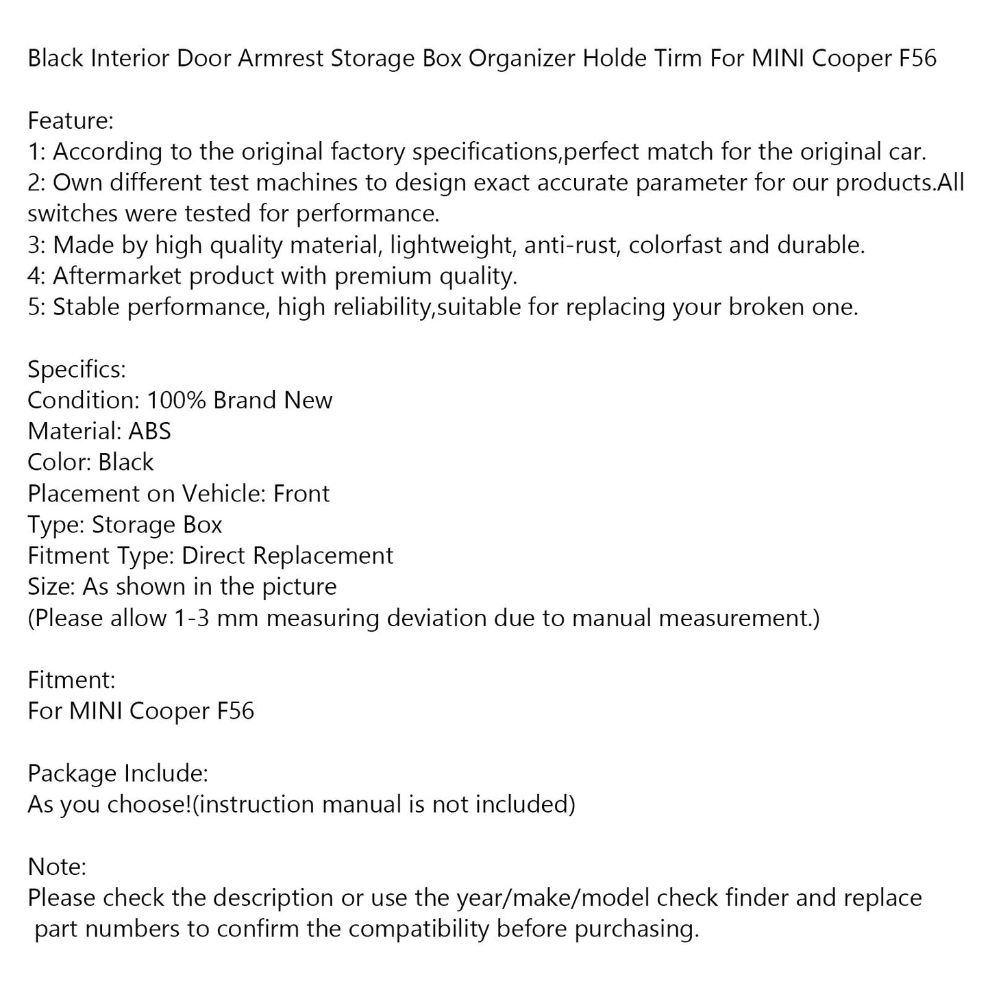 Accoudoir de porte intérieur noir, boîte de rangement, organisateur, support, pour MINI Cooper F56