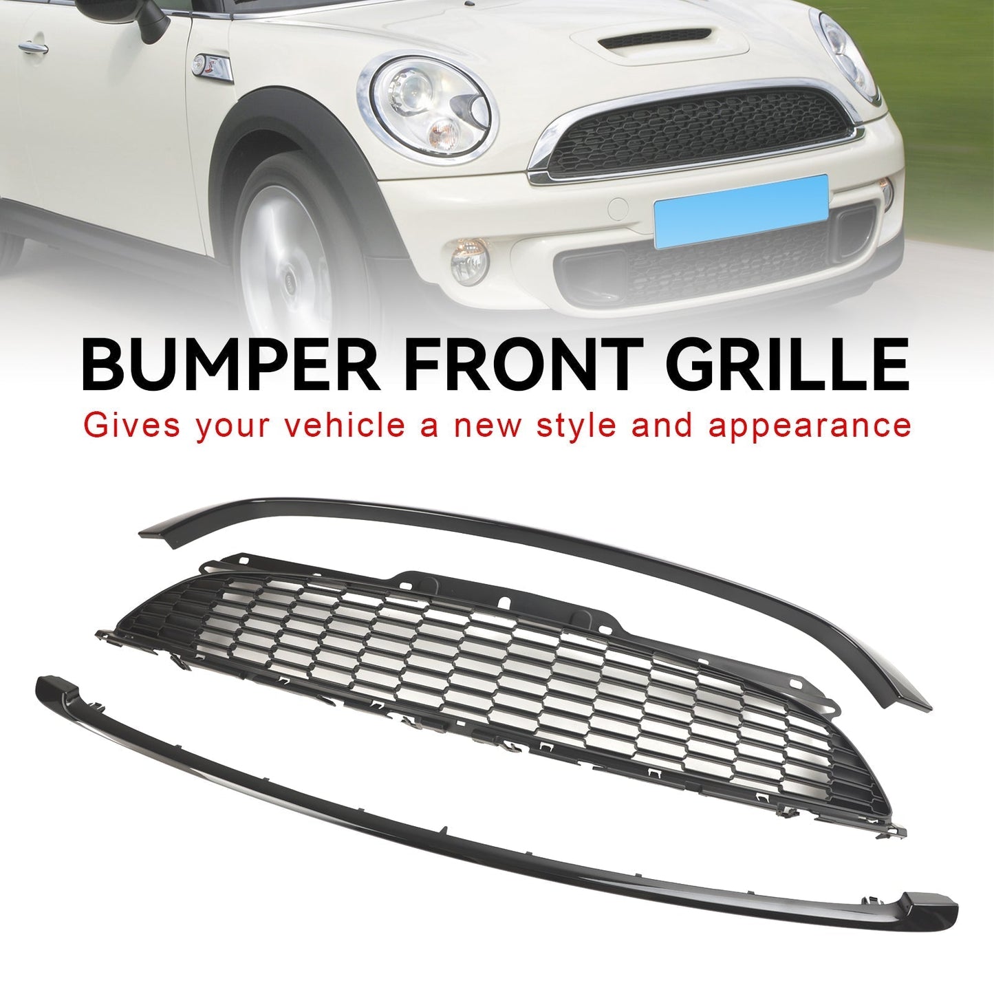 2007-2013 Mini R56 Cooper S & JCW 3-Door Hatchback 3PCS Gloss Black Front Grille Grill