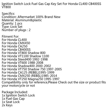 Honda CB400SS 2002-2008 Ignition Switch Fuel Gas Cap Seat Lock Set Keys