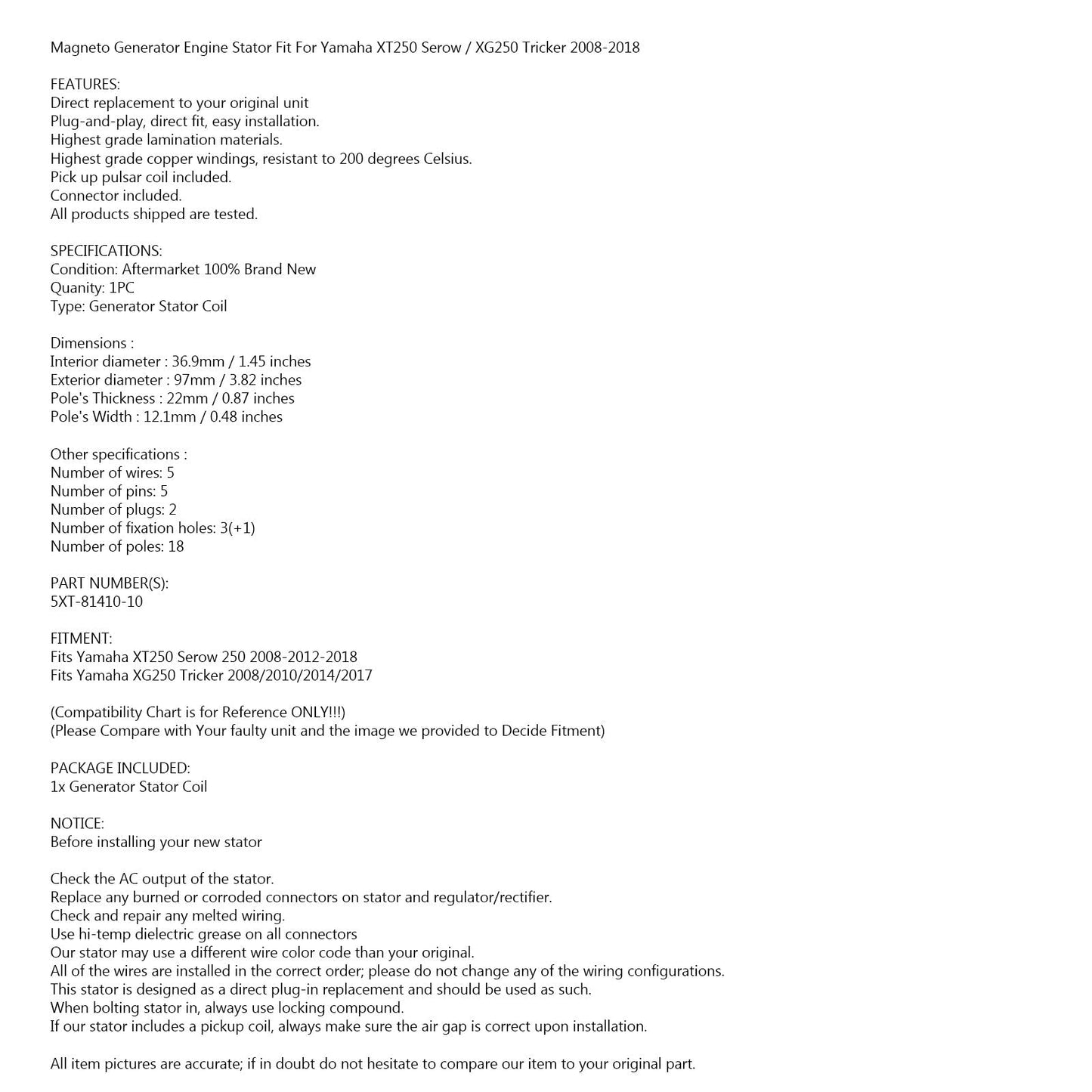 Magneto y estator del alternador compatibles con Yamaha XT 250 Serow / XG 250 Tricker (2008-2018)