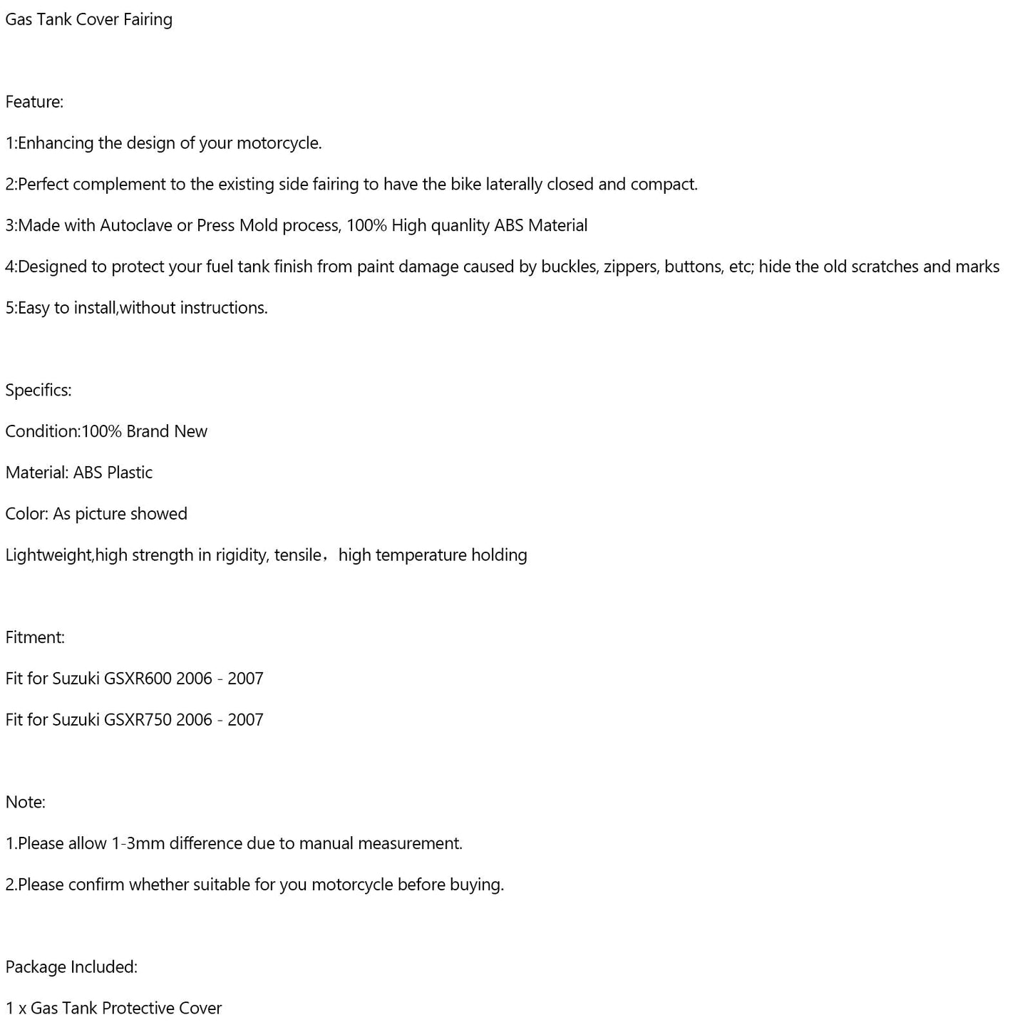 Protection de carénage de réservoir d'essence pour Suzuki GSXR600 GSXR 750 2006-2007 en carbone