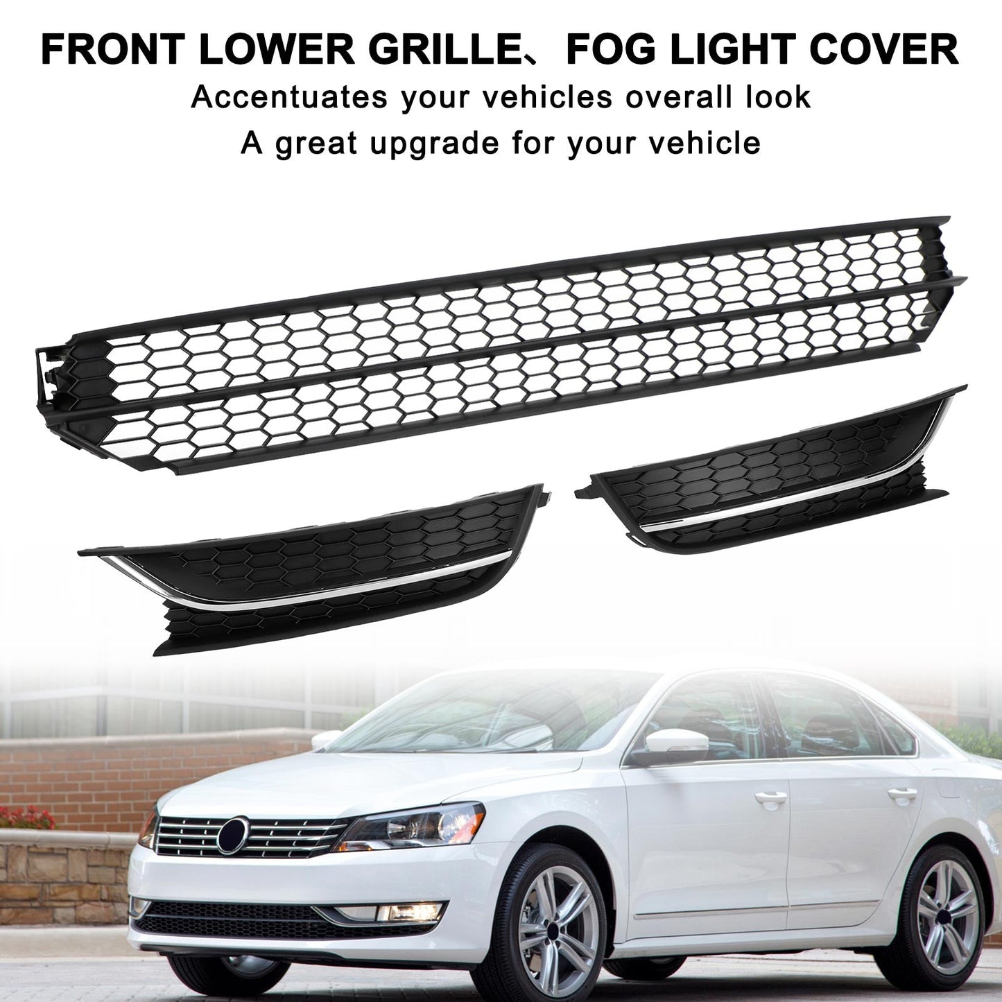 Volkswagen 2012-2015 Passat 5618536779B9 VW1036126 Front Lower Grille + Fog Light Cover W/O Hole Combo Set