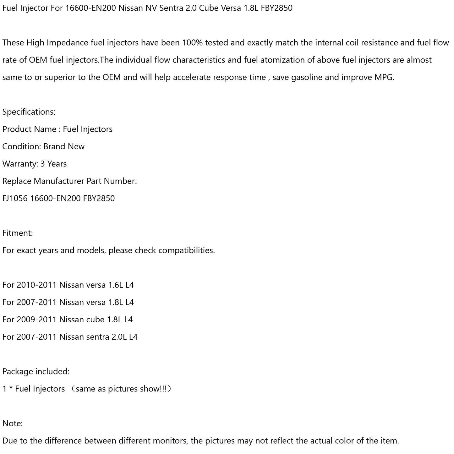 Fuel Injector Fit 16600-EN200 For Nissan NV Sentra 2.0 Cube Versa 1.8L FBY2850