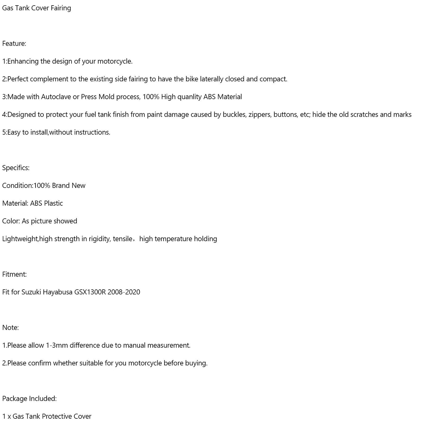 Protection de carénage de réservoir d'essence pour Suzuki Hayabusa GSX1300R 2008-2020 Carbone