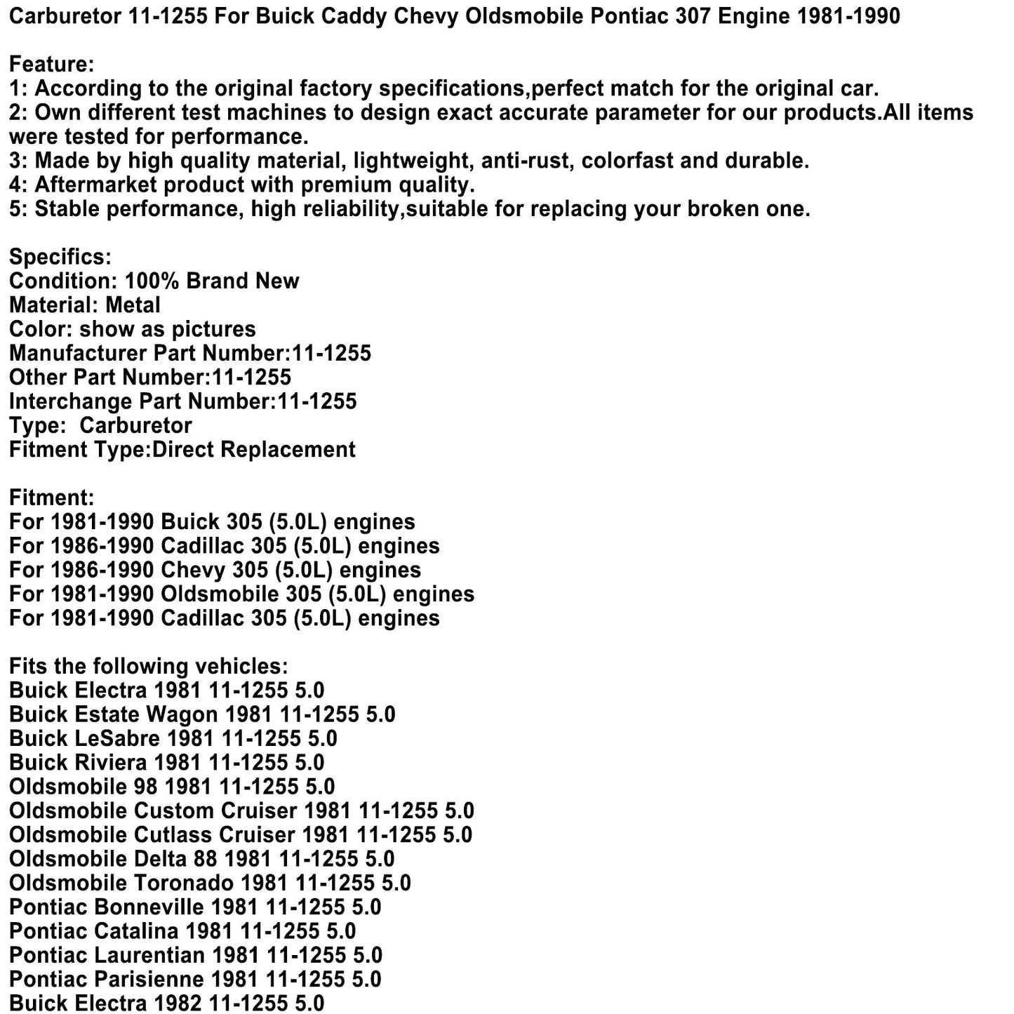 Moteurs Cadillac/Chevy 305 (5,0 L) 1986-1990 Carburateur 11-1255