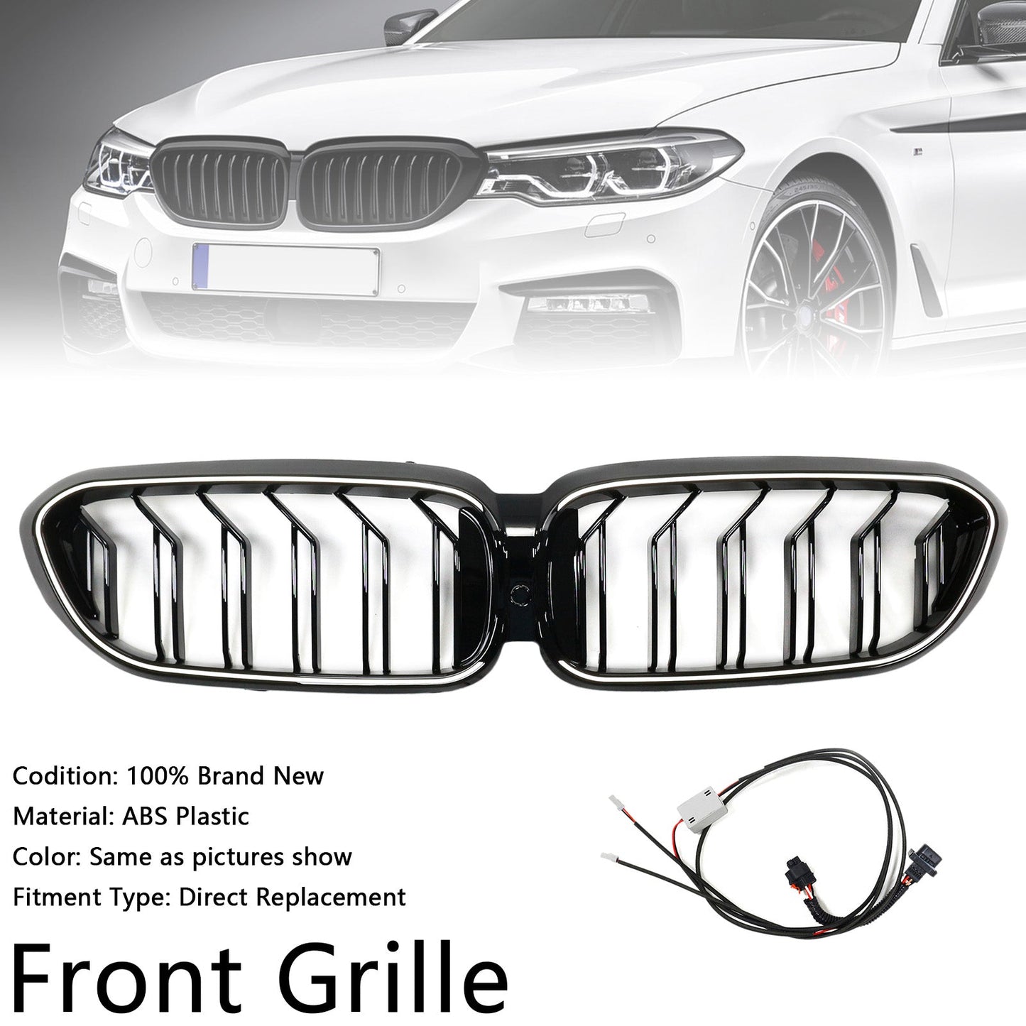 2017-2020 BMW 5 Series G30 G31 Front Kidney Black Grill Air Intake Radiator Double Slat Grille W/ LED Strip Light