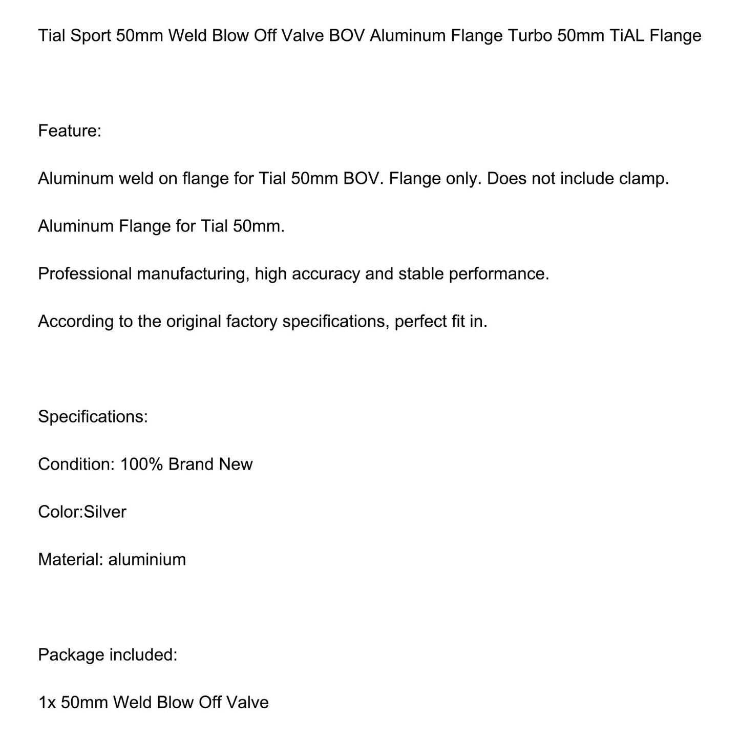 Brida de aluminio Turbo de 50 mm Brida TiAL TiAL Sport de 50 mm Válvula de soplado de soldadura BOV