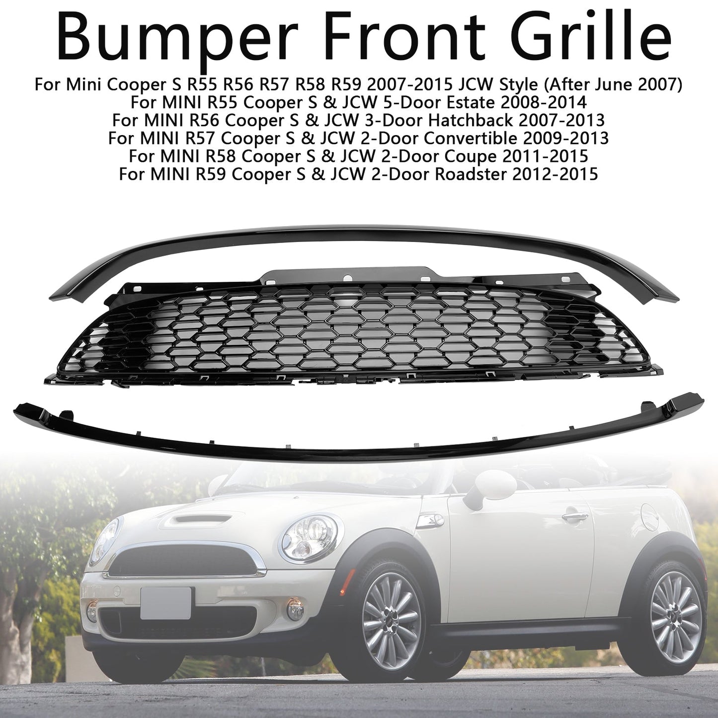 2007-2015 Mini Cooper S R55 R56 R57 R58 R59 JCW Style 3PCS Gloss Black Front Grill Replacement Grille