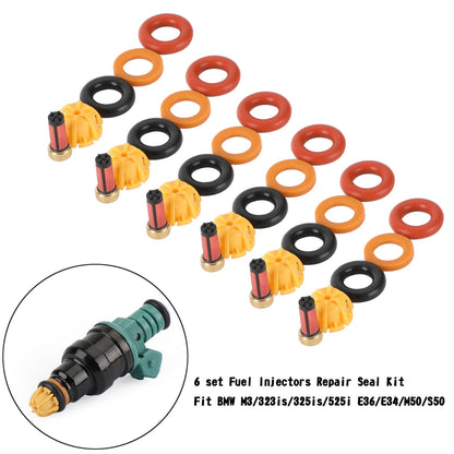 1992-1995 BMW 325I 325IS 6 set Fuel Injectors Repair Seal Kit 0280150415 13641730060 13641730080 62429 FJ292