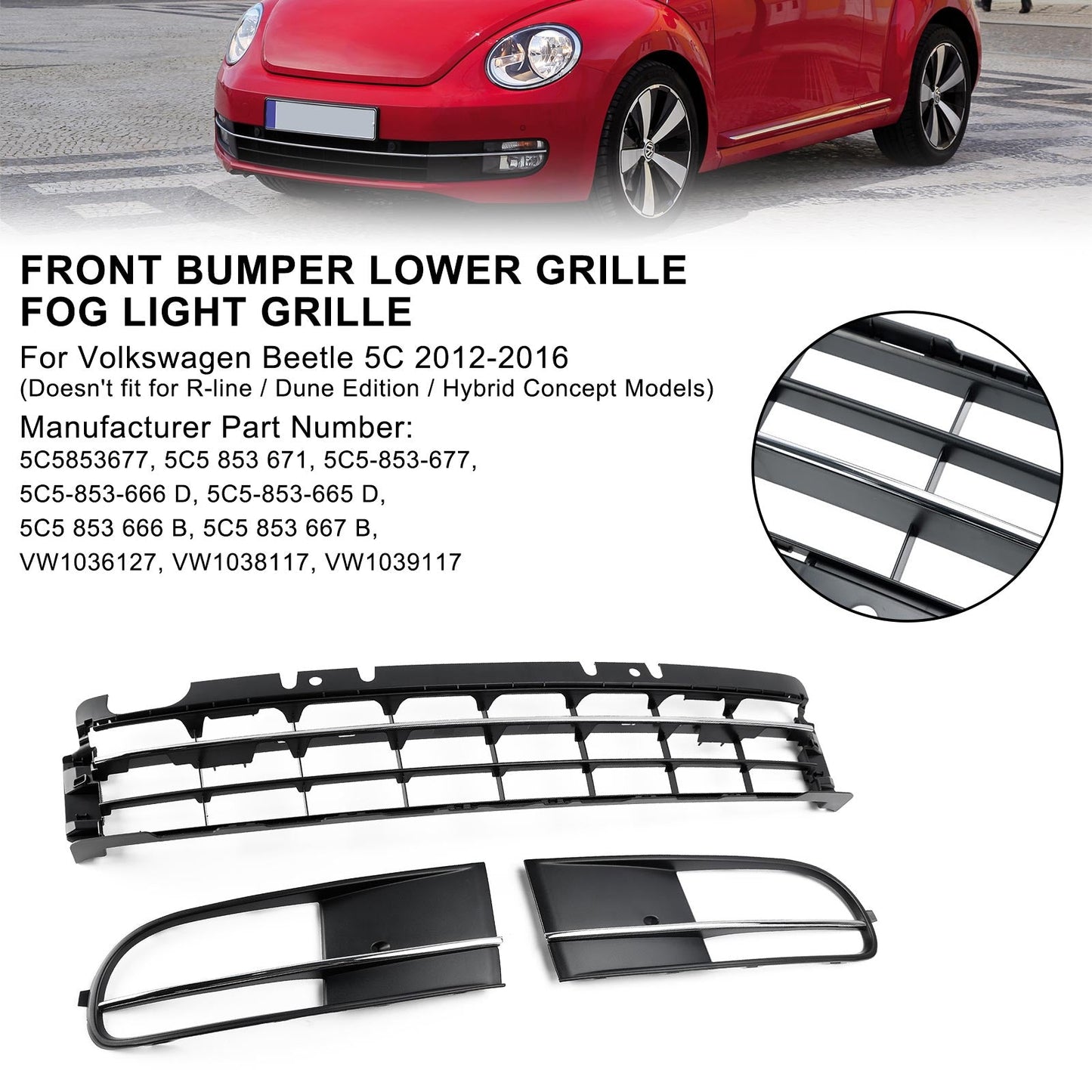 2012-2016 Volkswagen Beetle 5C Front Bumper Lower Grille + Fog Light Grill Generic