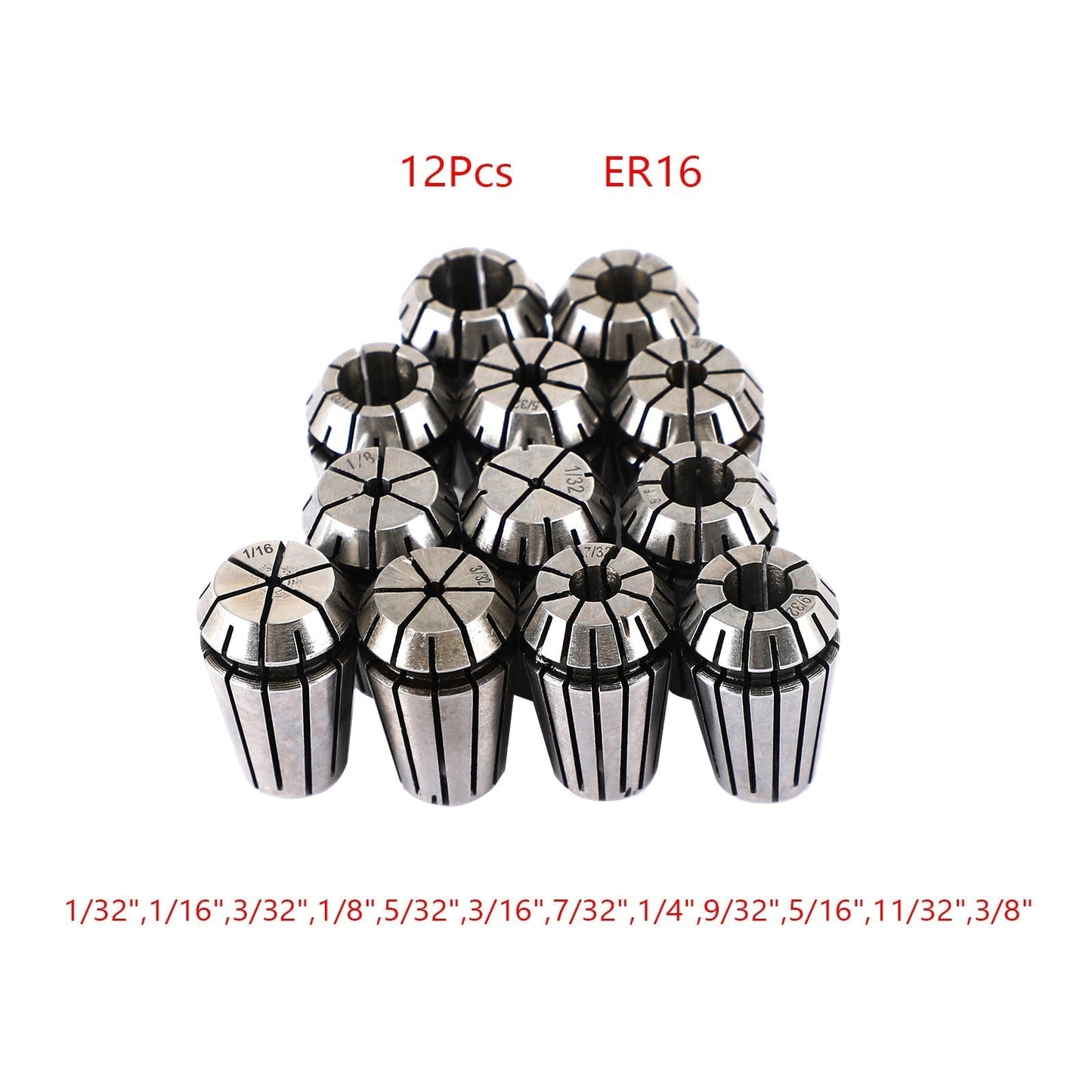 Juego de 9 pinzas de resorte ER16 para fresadora CNC de acero para máquina de grabado (12 piezas ER16 de 1/32" a 3/8")