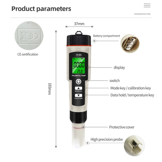 Stylo de test portable 4 en 1 riche en hydrogène, testeur de qualité de l'eau PH/ORP/TEMP