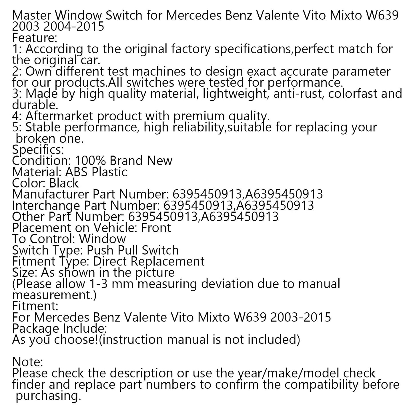 Master Window Switch for Mercedes For Benz Valente Vito Mixto W639 2003 2004-2015