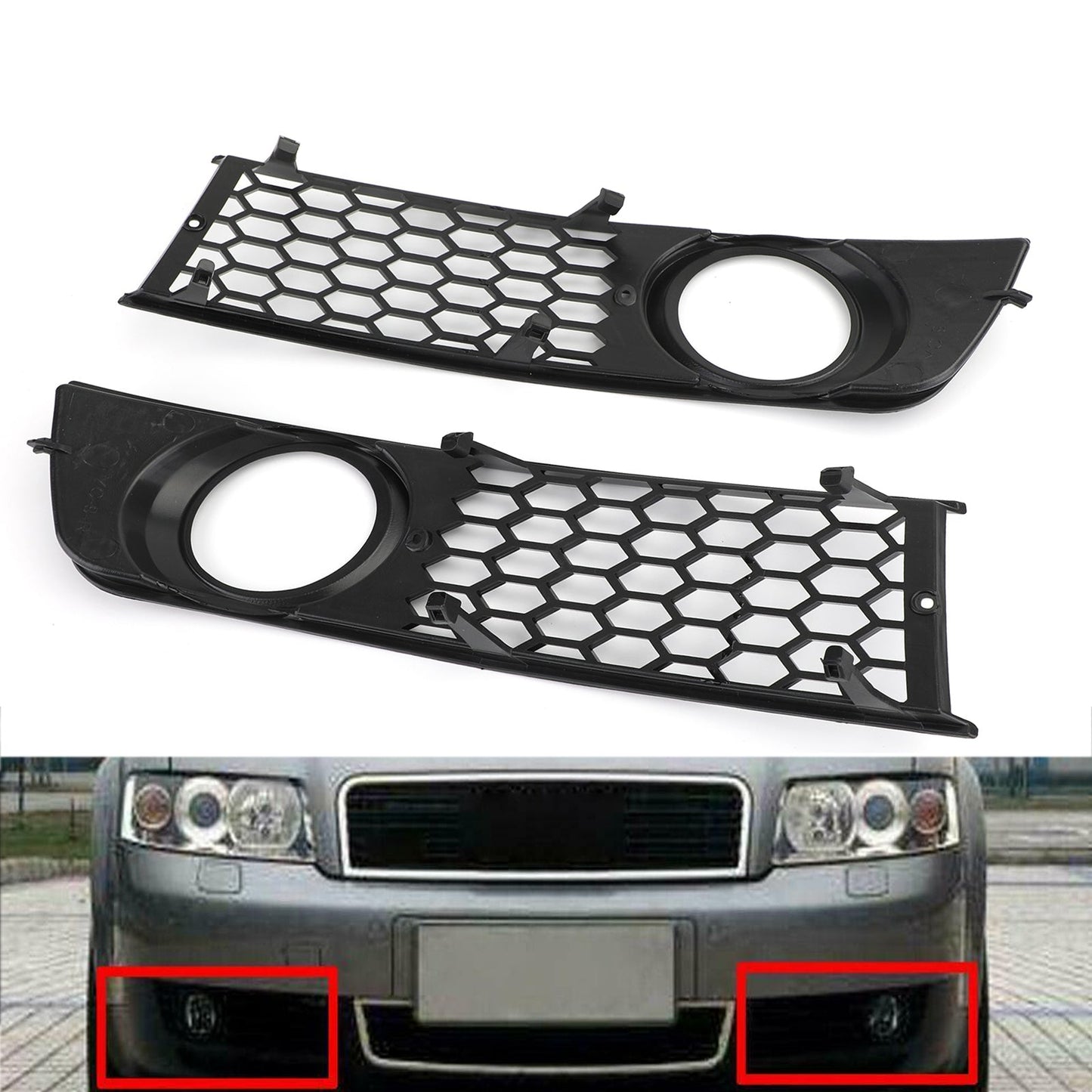 Audi 2001-2005 A4 B6 Pair Front Bumper Honeycomb Fog Light Grille Grill Cover