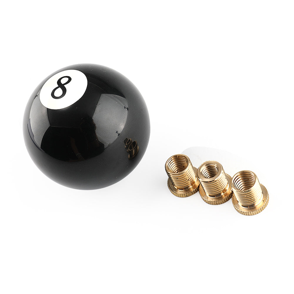 Pommeau de levier de vitesse universel rond noir en forme de boule de billard n° 8 avec 3 adaptateurs